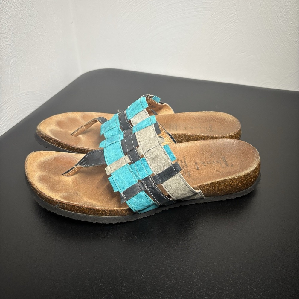 Think! Women's Sandals Thong Flip Flops Size 40/8.5-9 Blue Gray Black Boho Beach